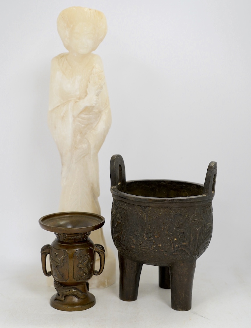 A Chinese alabaster carved model of an elder, a Chinese bronze tripod censer and a Japanese bronze vase, tallest 45cm. Condition - fair